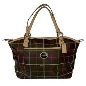 Coach Peyton Tattersall Plaid Print Tote Bag With Tan Leather Handles